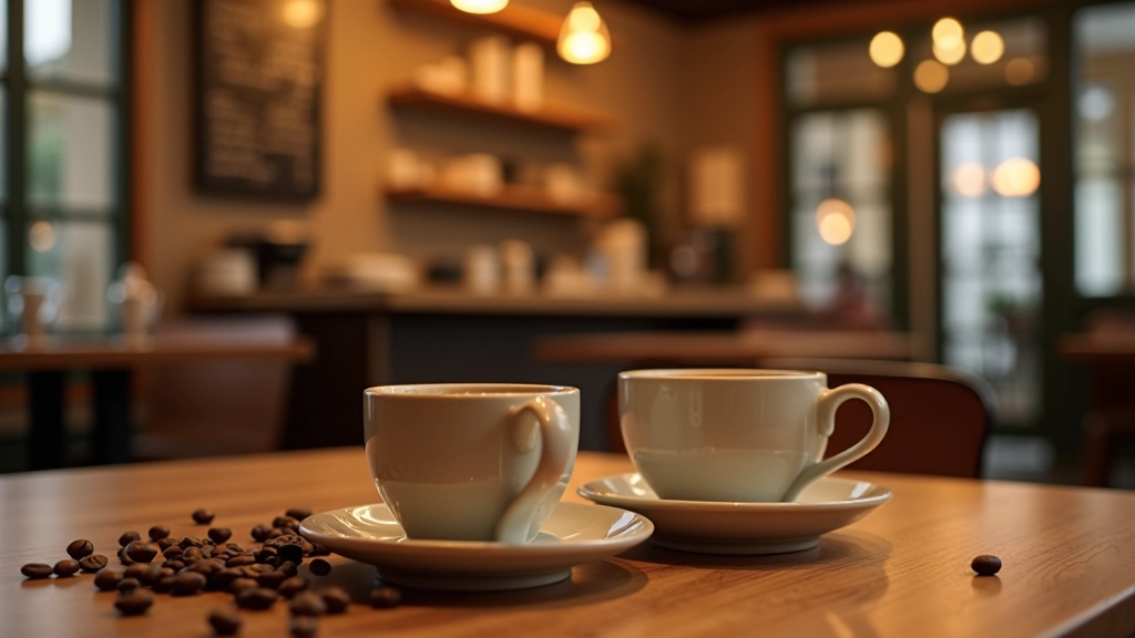 Ambiente acolhedor de café tradicional português com luz natural quente, xícaras de cerâmica artesanal e grãos de café em fundo desfocado