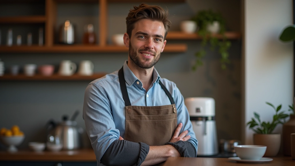 Retrato profissional de homem de 36 anos, instrutor de técnicas de preparação, demonstrando confiança, em cozinha moderna