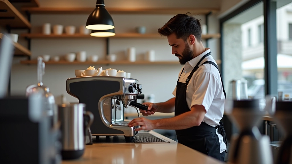 Balcão moderno de café especial com máquina de espresso de latão brilhante, barista profissional preparando bebida com precisão, ambiente minimalista
