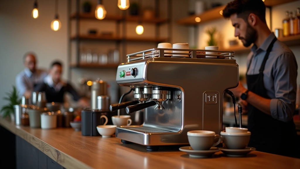 Balcão moderno de café especial com máquina de espresso brilhante e xícaras de cerâmica artesanal