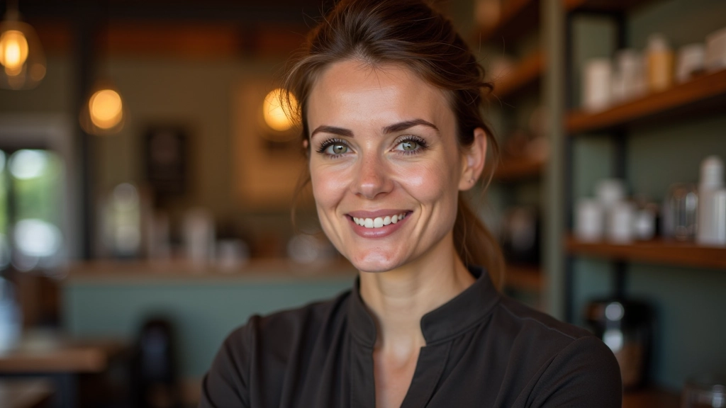 Retrato profissional de mulher de 35 anos, especialista em café, sorriso confiante, roupas elegantes, ambiente de café aconchegante