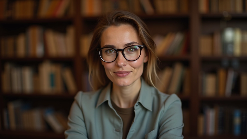 Retrato profissional de mulher de 38 anos, historiadora de café, óculos elegantes, ambiente de arquivo histórico